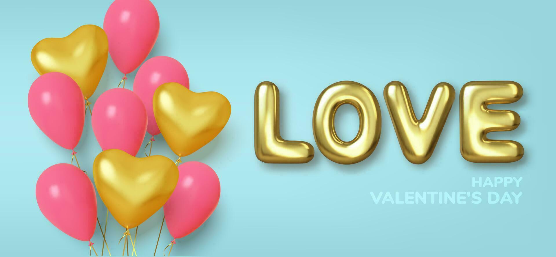 San Valentín día antecedentes con realista globos rosado y oro en forma corazones. texto en el formar de dorado pelotas. amor y boda. vector