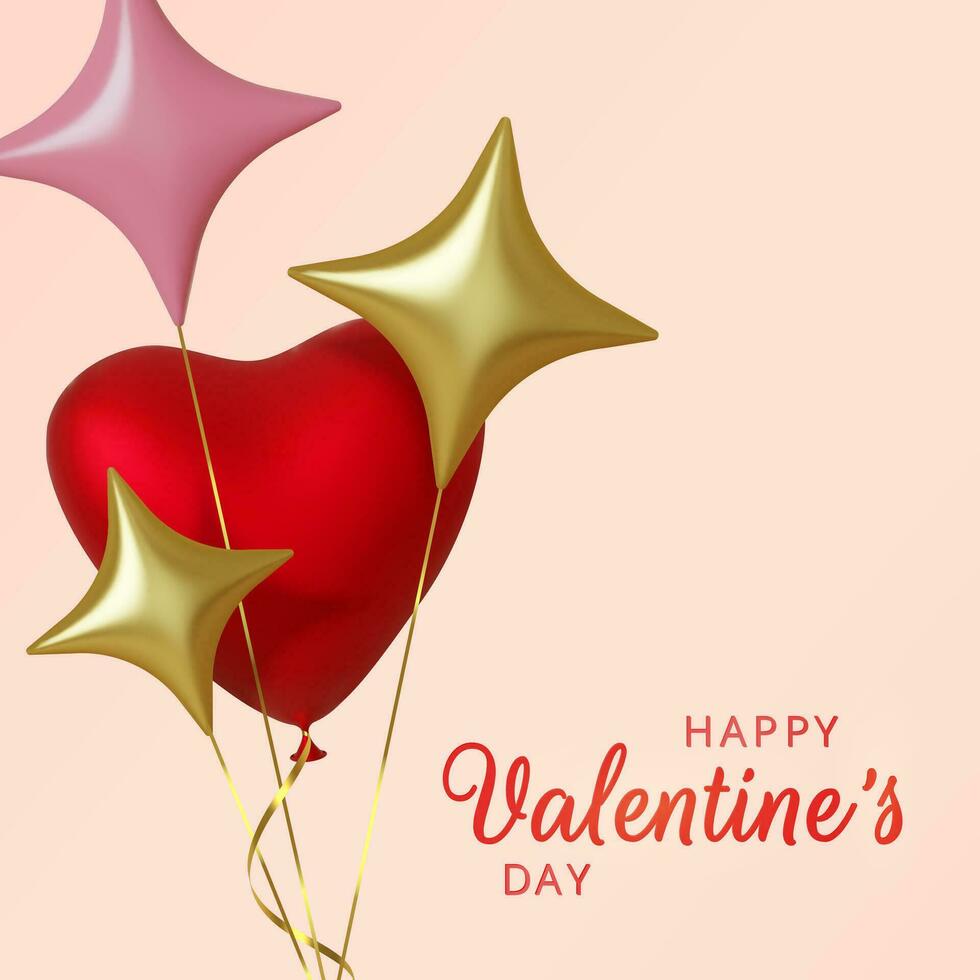 Valentines Day greeting card. Realistic 3d pink balloons hearts and gold stars on pink background. Love and wedding. Template for products, web banners and leaflets. Vector illustration