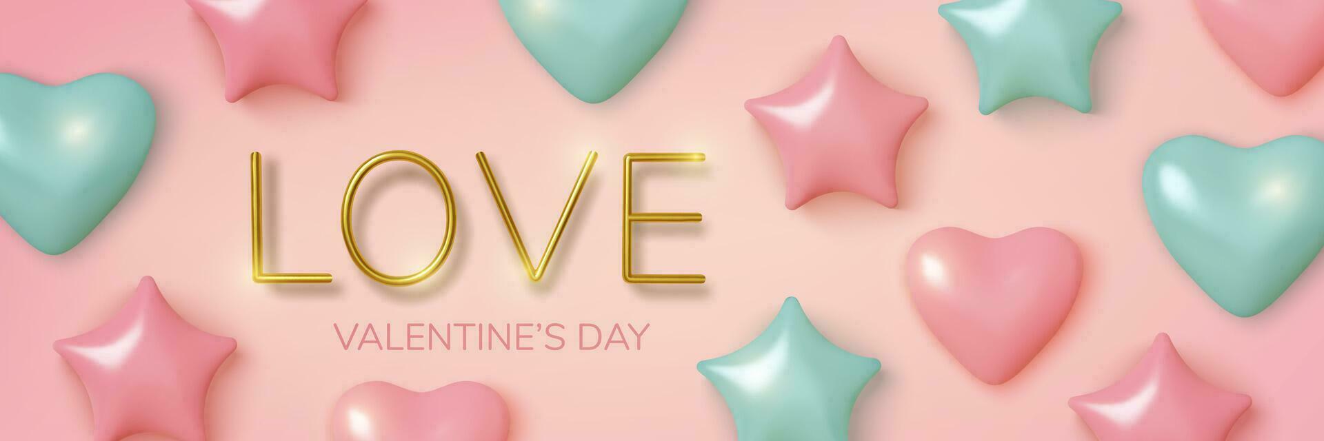 Valentines Day greeting card. Realistic 3d pink and blue balloons hearts and stars. Love and wedding. Template for products, web banners and leaflets. Vector illustration