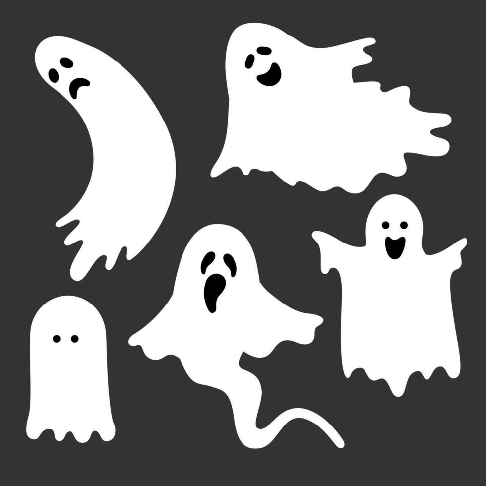 Flat illustration with white ghosts on black background for decoration design. Isolated flat illustration. Vector cartoon illustration. Halloween background