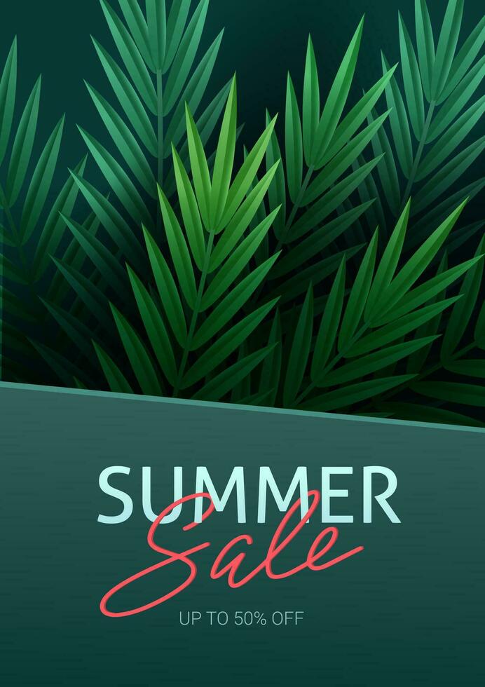 Hello summer, summertime. The text poster against the background of tropical plants. Palm leaves, jungle leaf and handwriting lettering. The poster for sale and an advertizing sign.  Vector