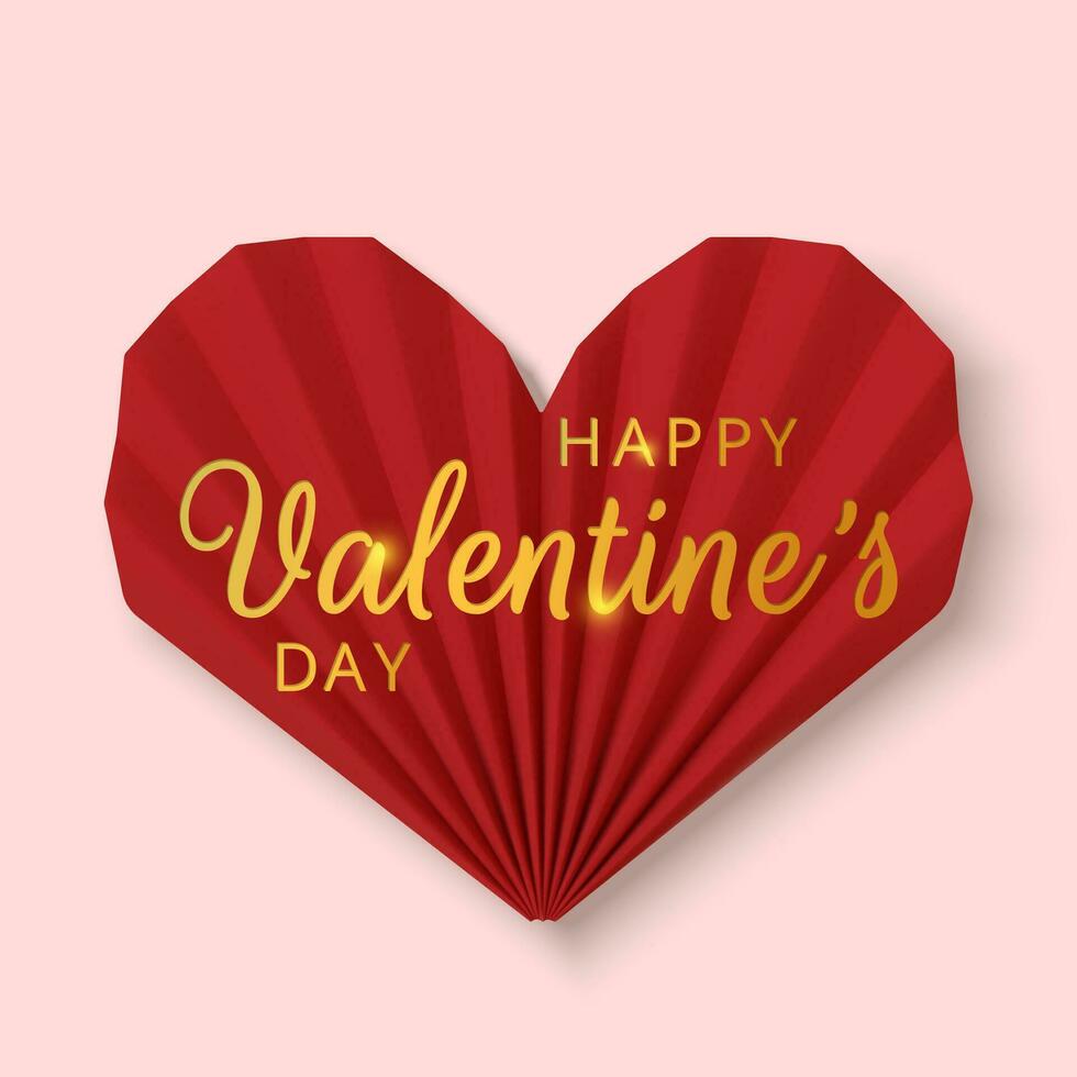 Valentines Day greeting card. Realistic 3d red paper hearts and gold text on pink background. Love and wedding. Template for products, web banners and leaflets. Vector illustration