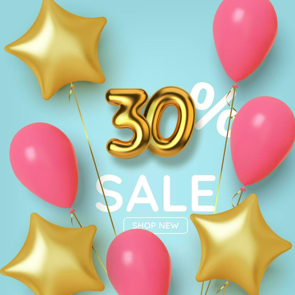 30 off discount promotion sale made of realistic 3d gold number with balloons and stars. Number in the form of golden balloons.  Vector