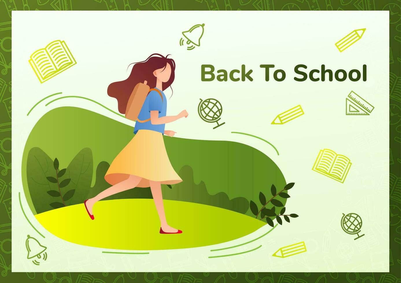 School student. Schoolgirl runs on lessons. Vector illustration flat design