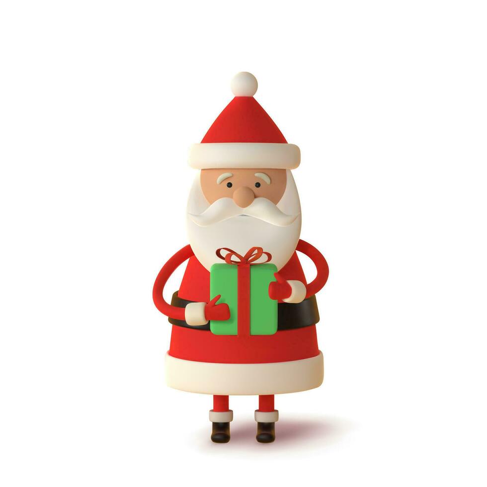 Santa Claus in red clothes with gift, realistic 3d character  isolated on white. For Christmas cards and banners. Vector illustration