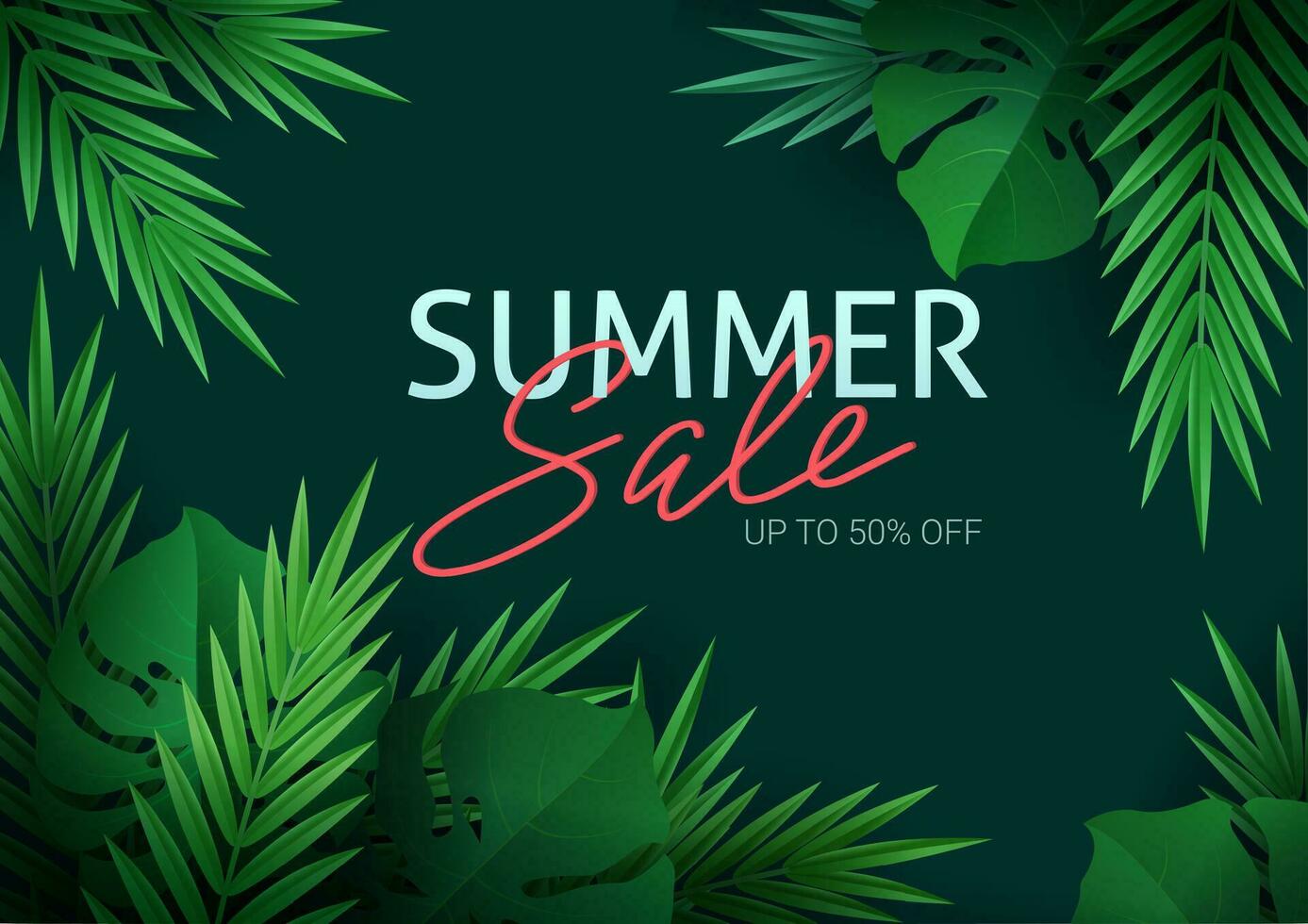 Hello summer, summertime. The text poster against the background of tropical plants. Palm leaves, jungle leaf and handwriting lettering. The poster for sale and an advertizing sign.  Vector
