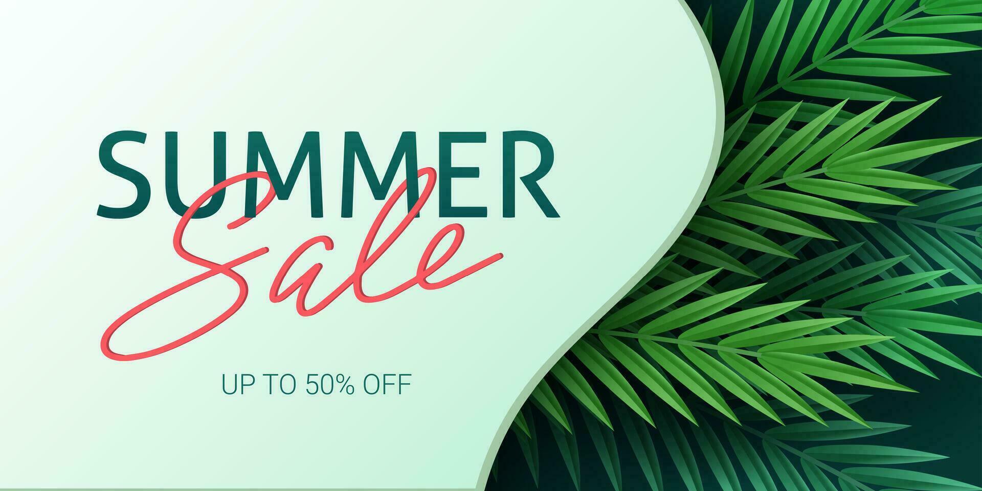 Hello summer, summertime. The text poster against the background of tropical plants. Palm leaves, jungle leaf and handwriting lettering. The poster for sale and an advertizing sign.  Vector