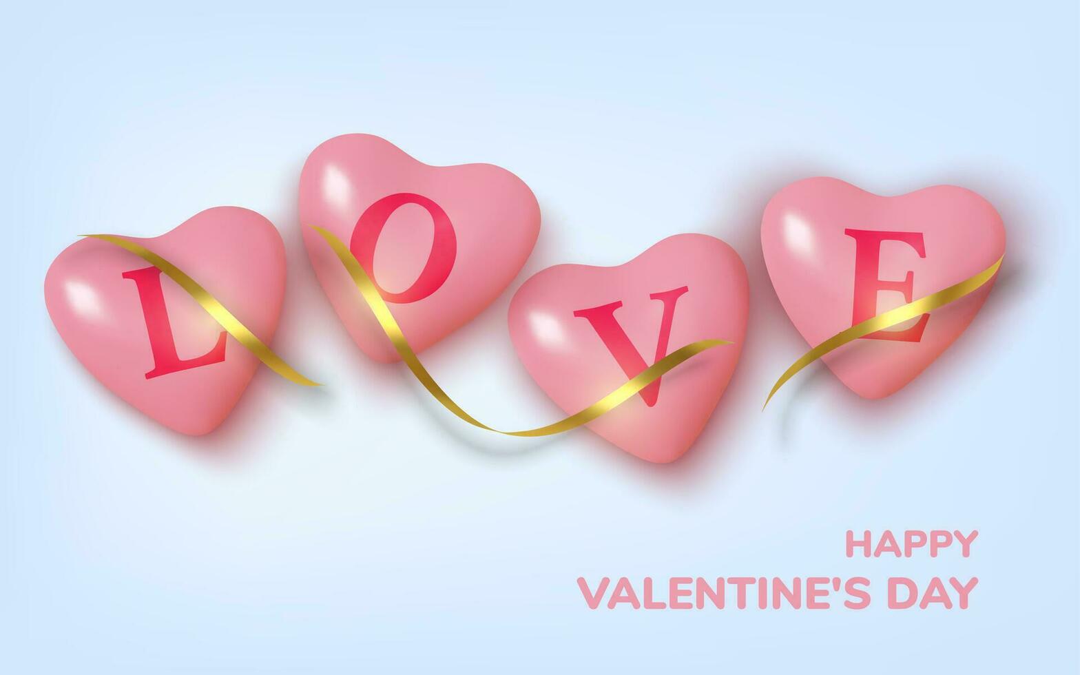 Valentines Day greeting card. Realistic 3d pink hearts in tinsel and text . Love and wedding. Template for products, web banners and leaflets. Vector illustration