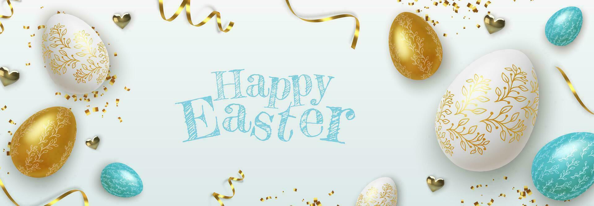 Easter greeting background with realistic golden, blue and white Easter eggs. Vector