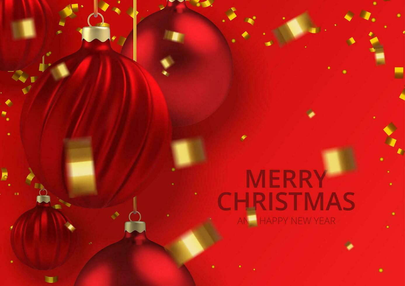 Xmas background red Christmas ball in realistic style on red background. Gold realistic serpentine. Vector illustration.