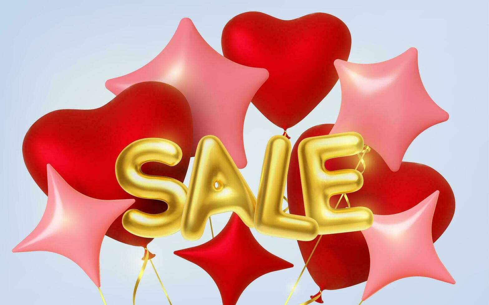 3d realistic balloons golden inscription Sale and hearts, stars shape frame. Vector illustration