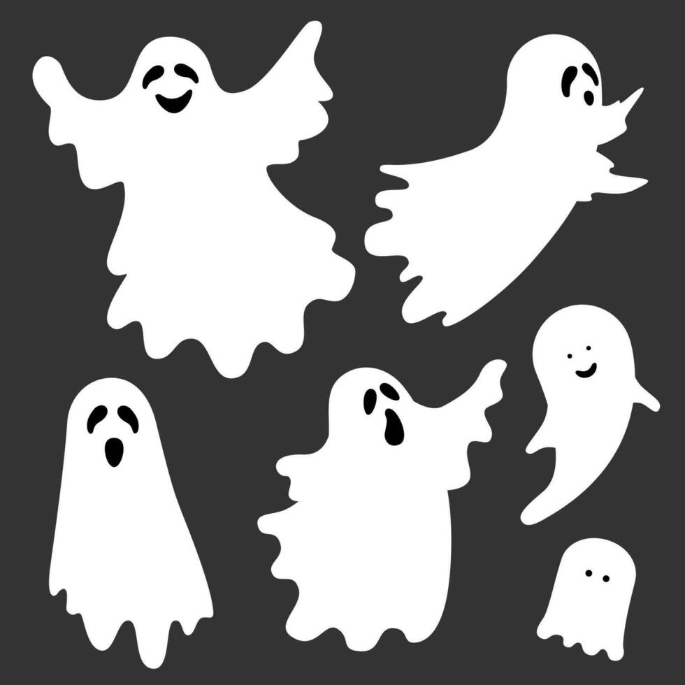 Flat illustration with white ghosts on black background for decoration design. Isolated flat illustration. Vector cartoon illustration. Halloween background