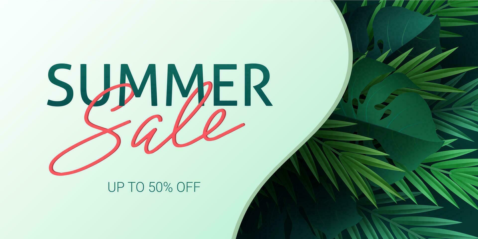 Hello summer, summertime. The text poster against the background of tropical plants. Palm and monstera leaves, jungle leaf and handwriting lettering. The poster for sale and an advertizing sign. vector