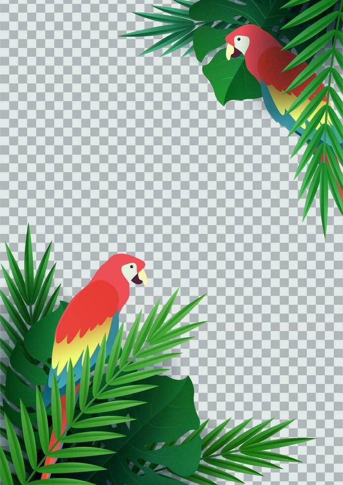 Hello summer, summertime. Background of tropical plants. Flat parrot macaw. Palm leaves, jungle leaf. The poster for sale and an advertizing sign.  Vector