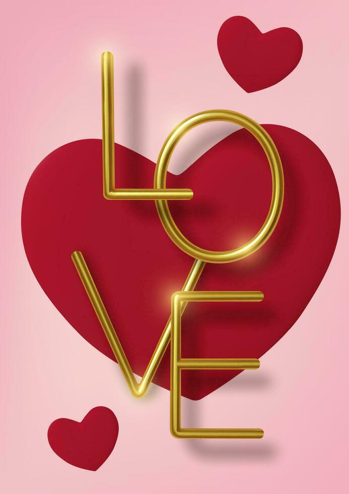 Valentines Day greeting card. Realistic 3d red paper hearts and gold text on pink background. Love and wedding. Template for products, web banners and leaflets. Vector illustration