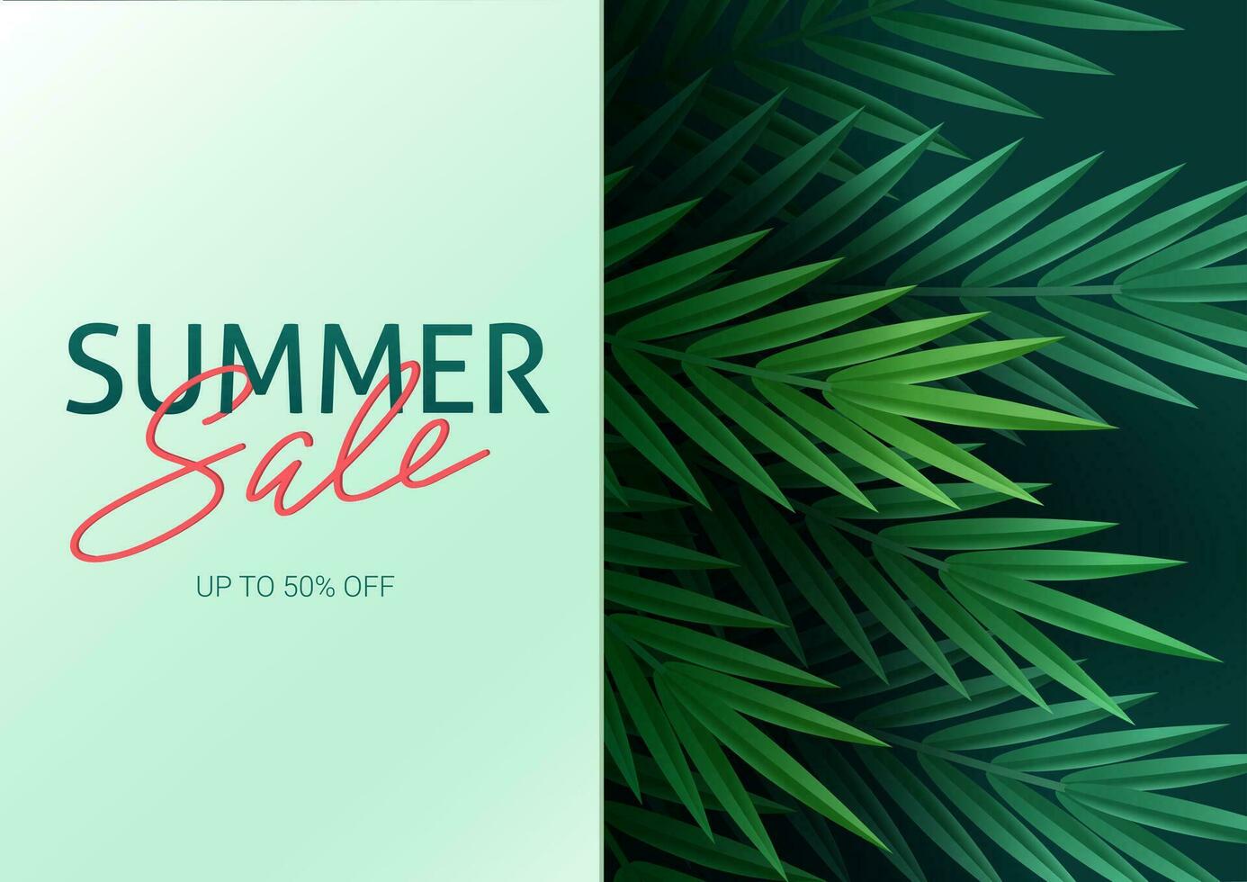 Hello summer, summertime. The text poster against the background of tropical plants. Palm leaves, jungle leaf and handwriting lettering. The poster for sale and an advertizing sign.  Vector