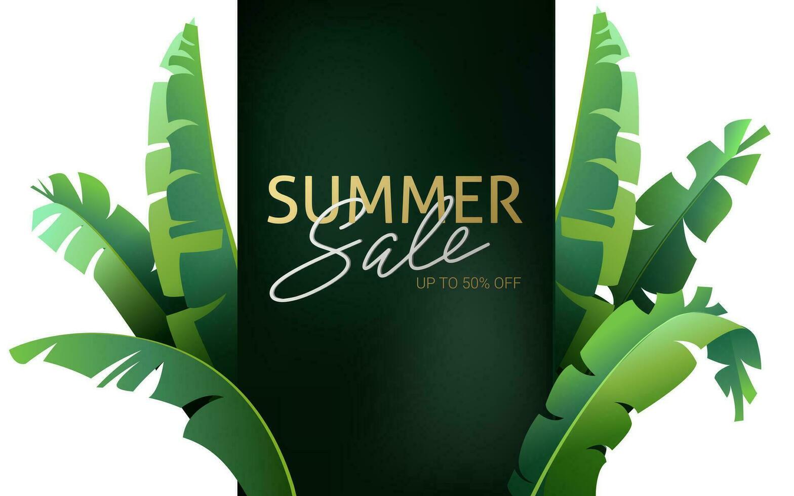Hello summer, summertime. The text poster against the background of tropical plants. The poster for sale and an advertizing sign.  Vector Illustration.