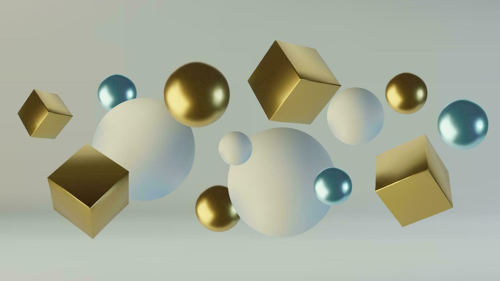 Realistic spheres and cubes. Abstract background of primitive geometric figures. Design element of 3d golden and blue ball and box. Vector illustration