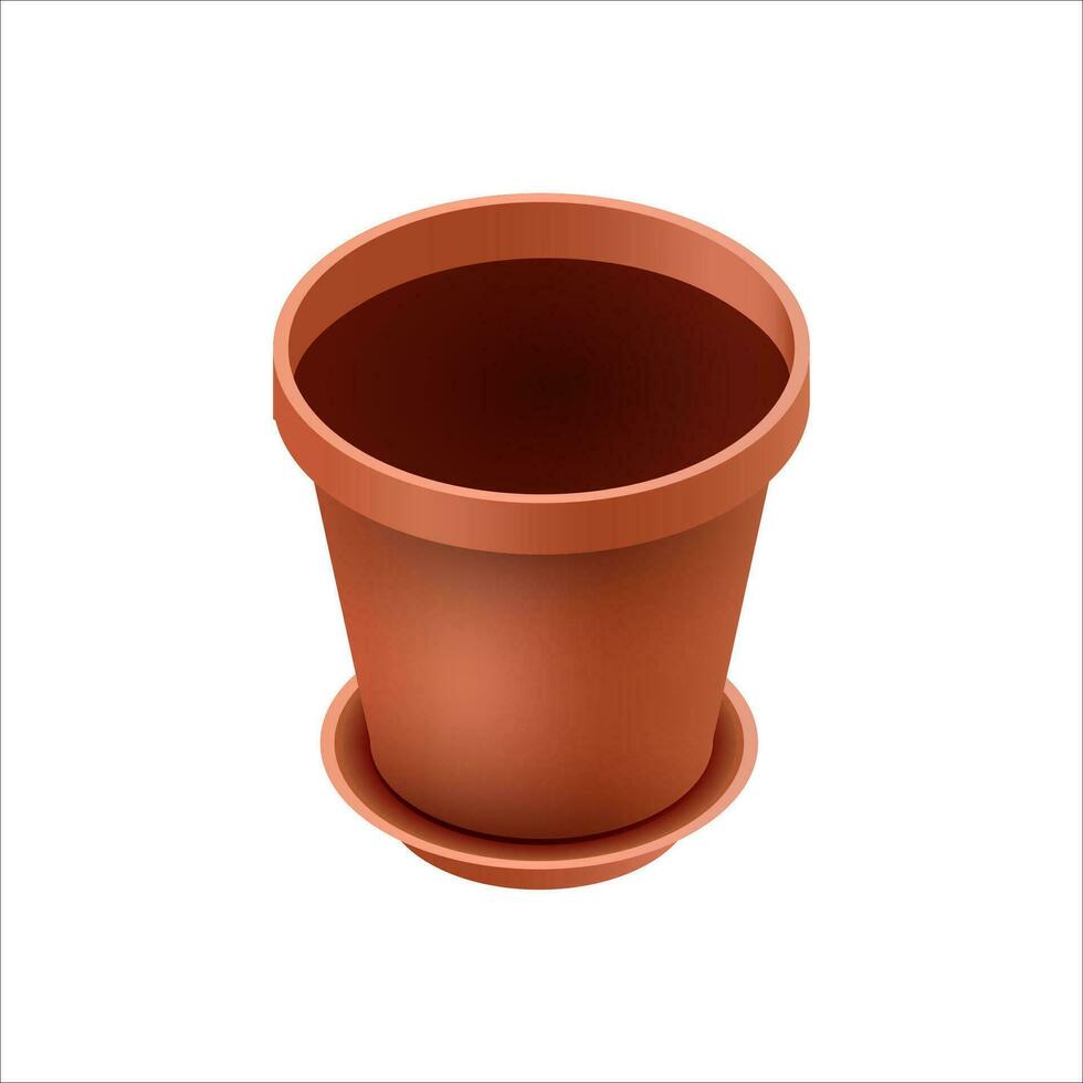 Empty ceramic brown flowerpots for cultivation of plants. Clay pot in an isometry, isolated on a white background. Vector illustration