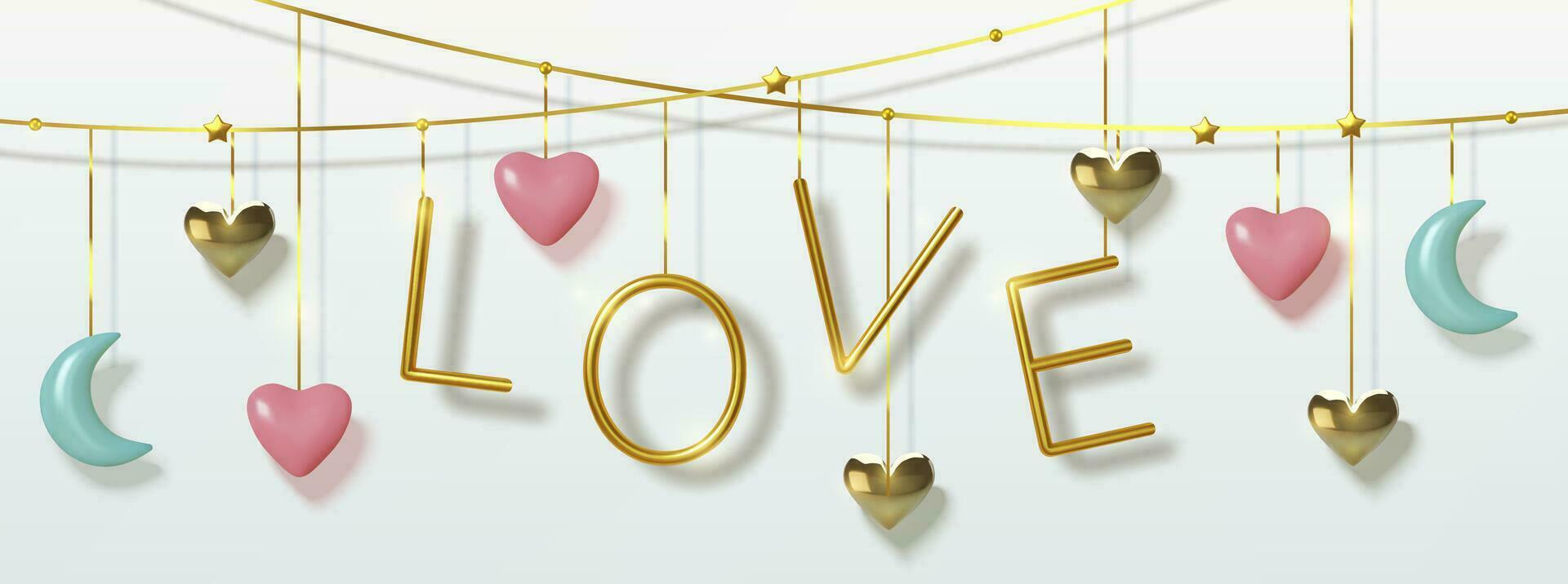 Valentines Day greeting card. Realistic 3d red and gold hearts, blue months, hanging on thread. Gold metalic text. Template for products, web banners and leaflets. Vector illustration