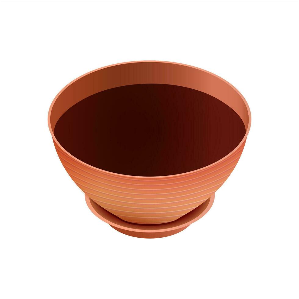 Empty ceramic brown flowerpots for cultivation of plants. Clay pot in an isometry, isolated on a white background. Vector illustration