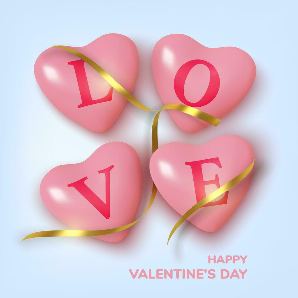 Valentines Day greeting card. Realistic 3d pink hearts in tinsel and text . Love and wedding. Template for products, web banners and leaflets. Vector illustration