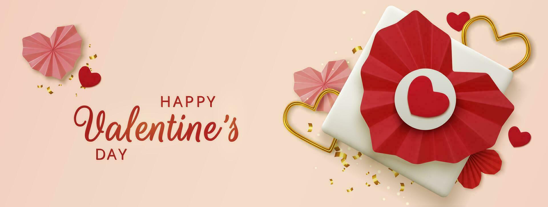 Valentines Day greeting card. Realistic 3d red paper hearts and gift on pink background. Love and wedding. Template for products, web banners and leaflets. Vector illustration