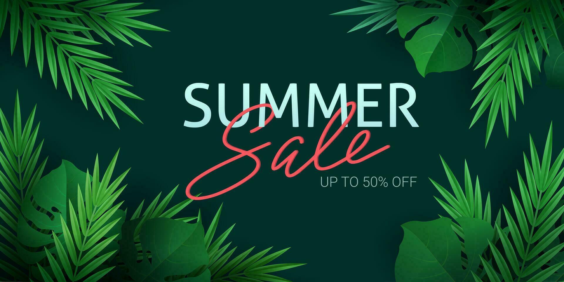 Hello summer, summertime. The text poster against the background of  gold tropical plants. Palm leaves, jungle leaf and handwriting lettering. The poster for sale and an advertizing sign.  Vector