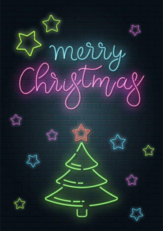 Christmas greeting card, vector background. Christmas lettering in Neon style on brick background. Blue and Purple neon colors, neon stars and xmas fir-tree. Hand drawn lettering. Vector illustration