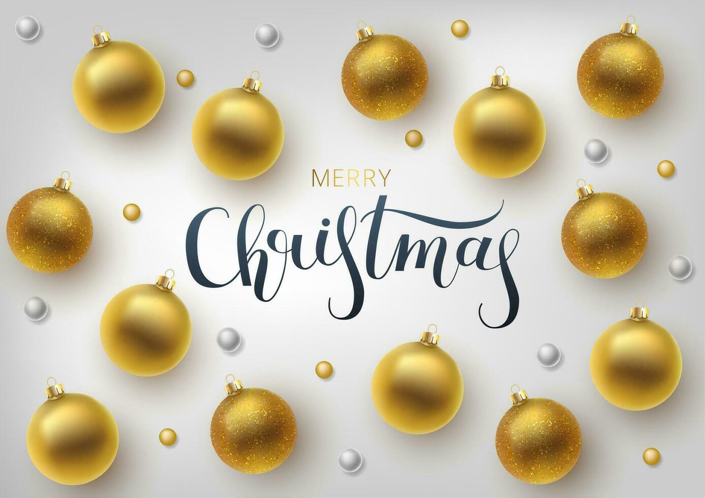 Christmas greeting card, vector background.Gold Christmas ball. Hand drawn lettering. Vector illustration