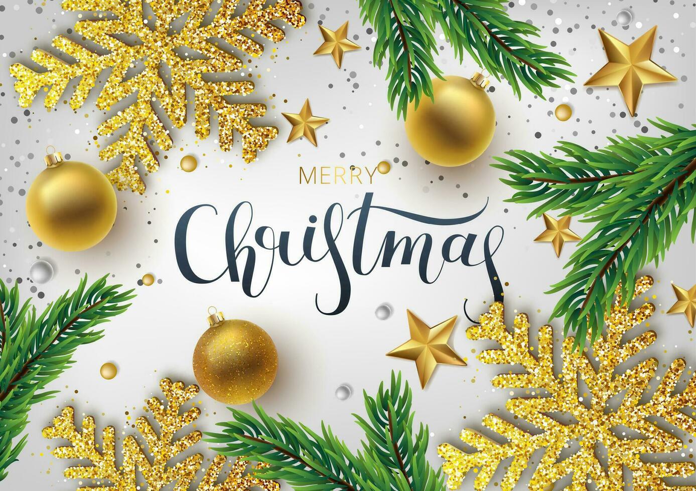 Christmas greeting card, vector background.Gold Christmas ball, and branch fir-tree. Metallic gold and silver Christmas snowflake. Hand drawn lettering. Vector illustration
