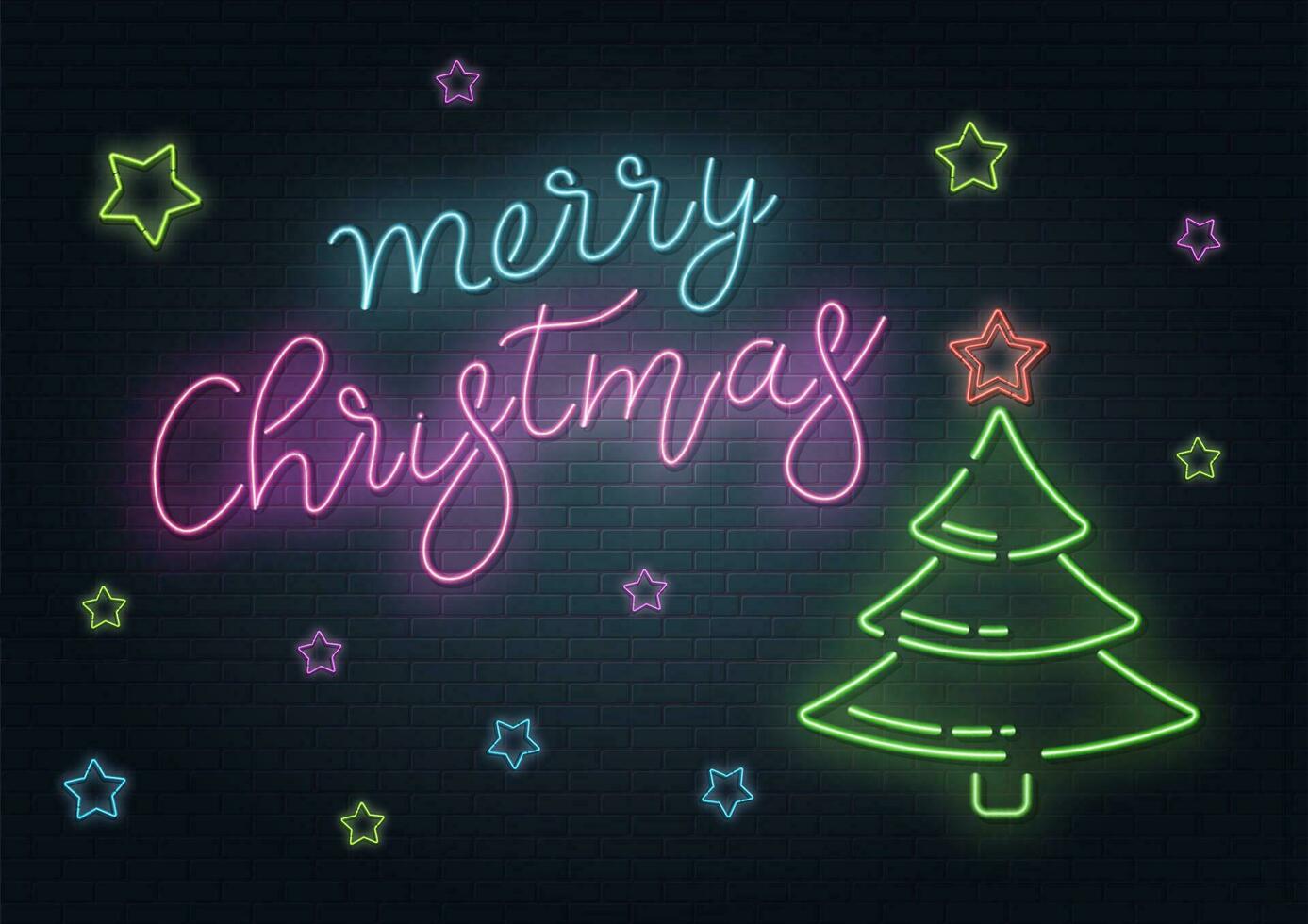 Christmas greeting card, vector background. Christmas lettering in Neon style on brick background. Blue and Purple neon colors, neon stars and xmas fir-tree. Hand drawn lettering. Vector illustration