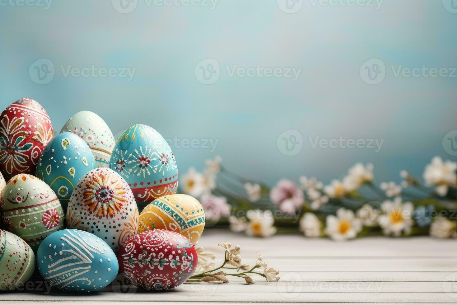 Easter eggs and flowers. Template for card, invitation, banner. AI-generated content. photo