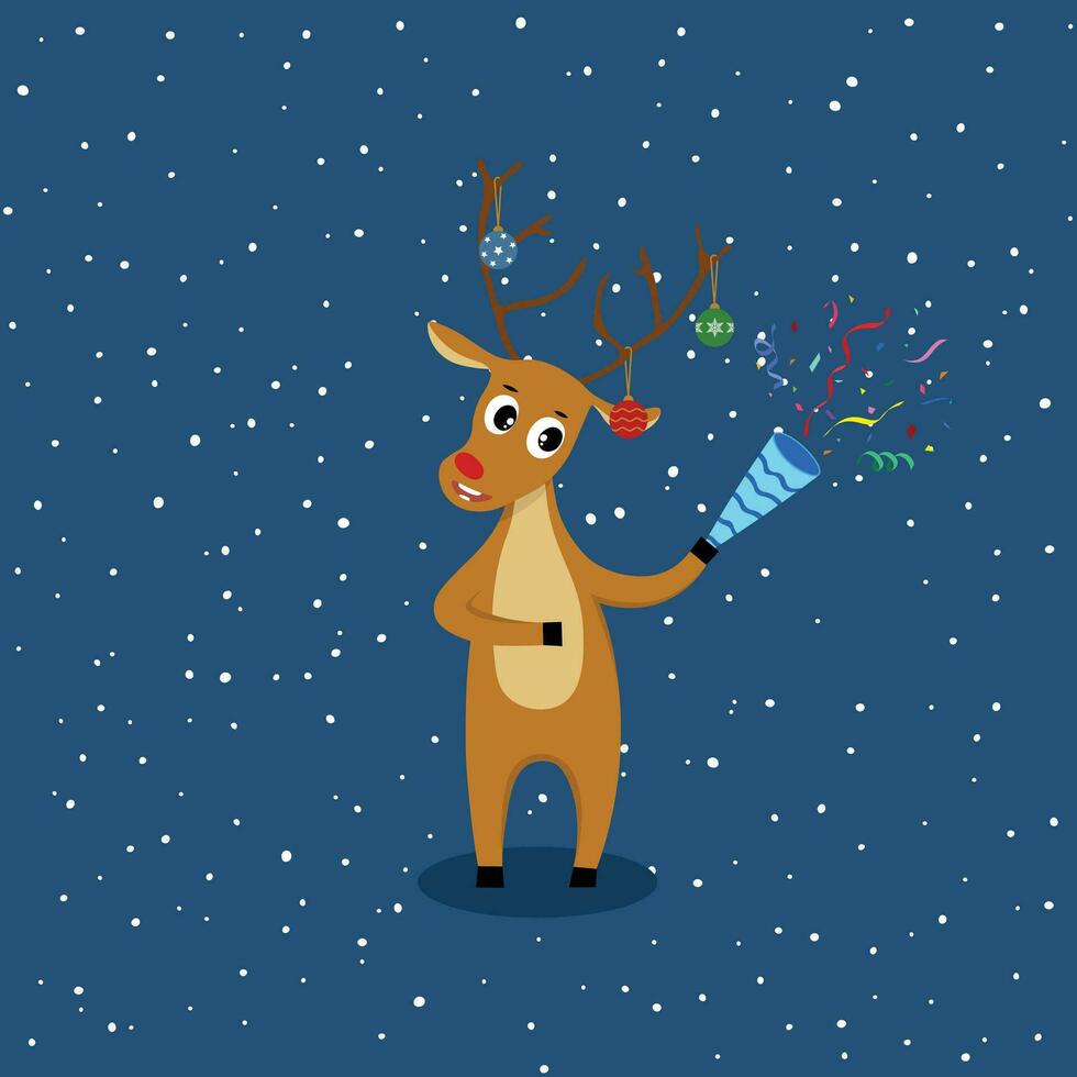 Cute reindeer with confetti flat vector in cartoon style. Christmas concept.