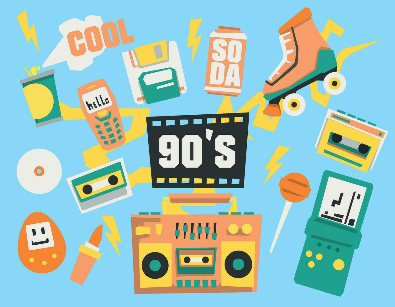 a set of items from the 80s and 90s, toys, musical instruments. Flat design of the 90s, vector graphics