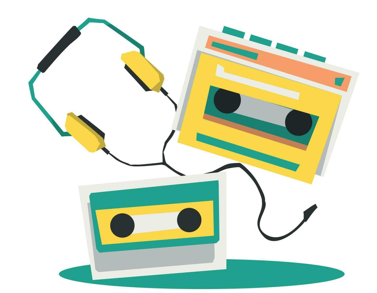 80s 90s portable player set, simple design, cassette, player, headphones in flat style, on white background vector