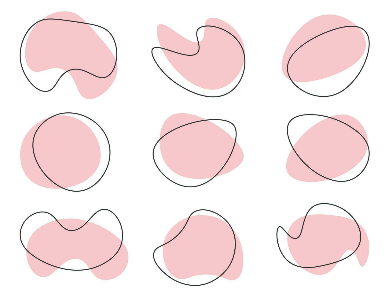 set of organic drops shaped in abstract pink color with line vector illustration isolated on transparent background. Doodles fall with outline circle. Menfice style