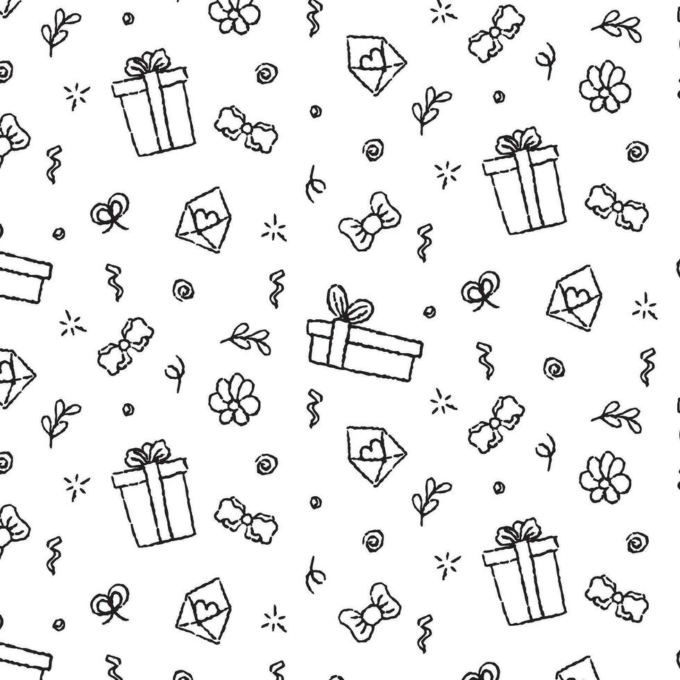 Seamless vector pattern for birthdays, anniversaries, invitations and textiles. Porarok, serpentine, stars, bow, envelope. Line hand drawn, seamless vector pattern