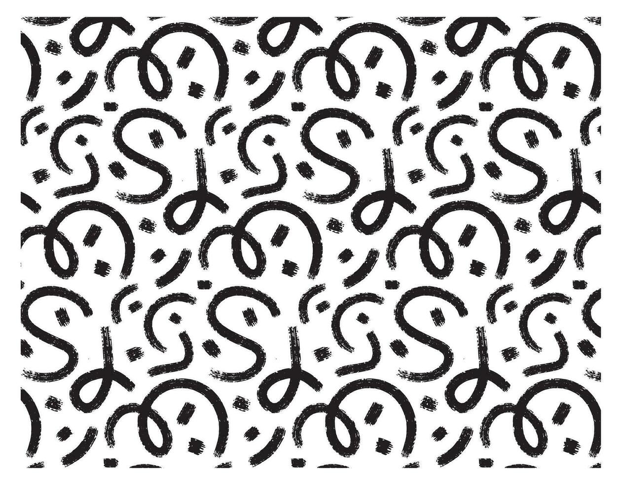 brush strokes waves, spots, doodles vector seamless pattern. Freehand scribble with black paint brush, abstract ink background.