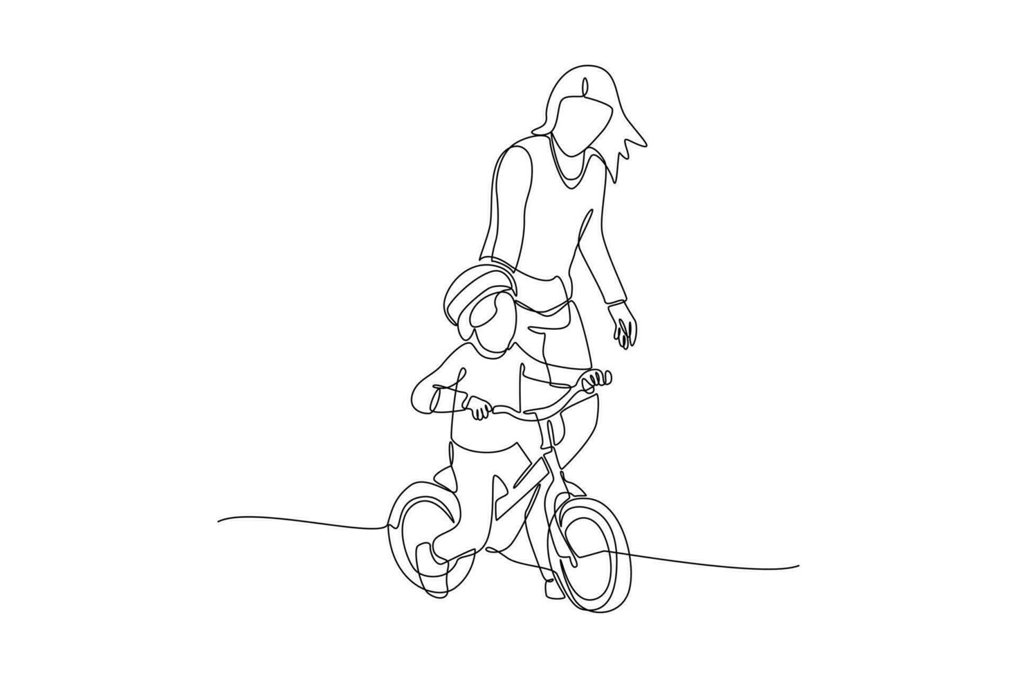 continuo uno línea dibujo contento padres con su niño montando bicicleta juntos. vector ilustración.