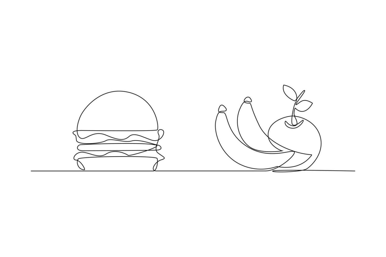 continuo uno línea dibujo sano vs insalubre alimento. comida nutrición concepto. garabatear vector ilustración.