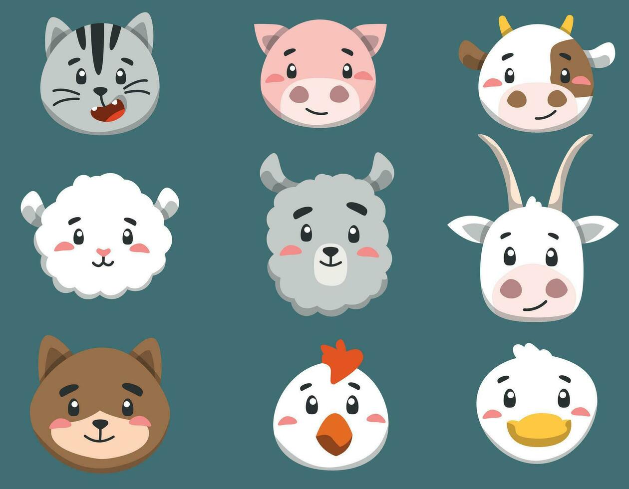 set of cute farm animal faces in vector, children's characters for design vector