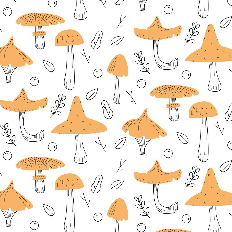 pattern mushrooms in flat style with lines, on a white background, print vector