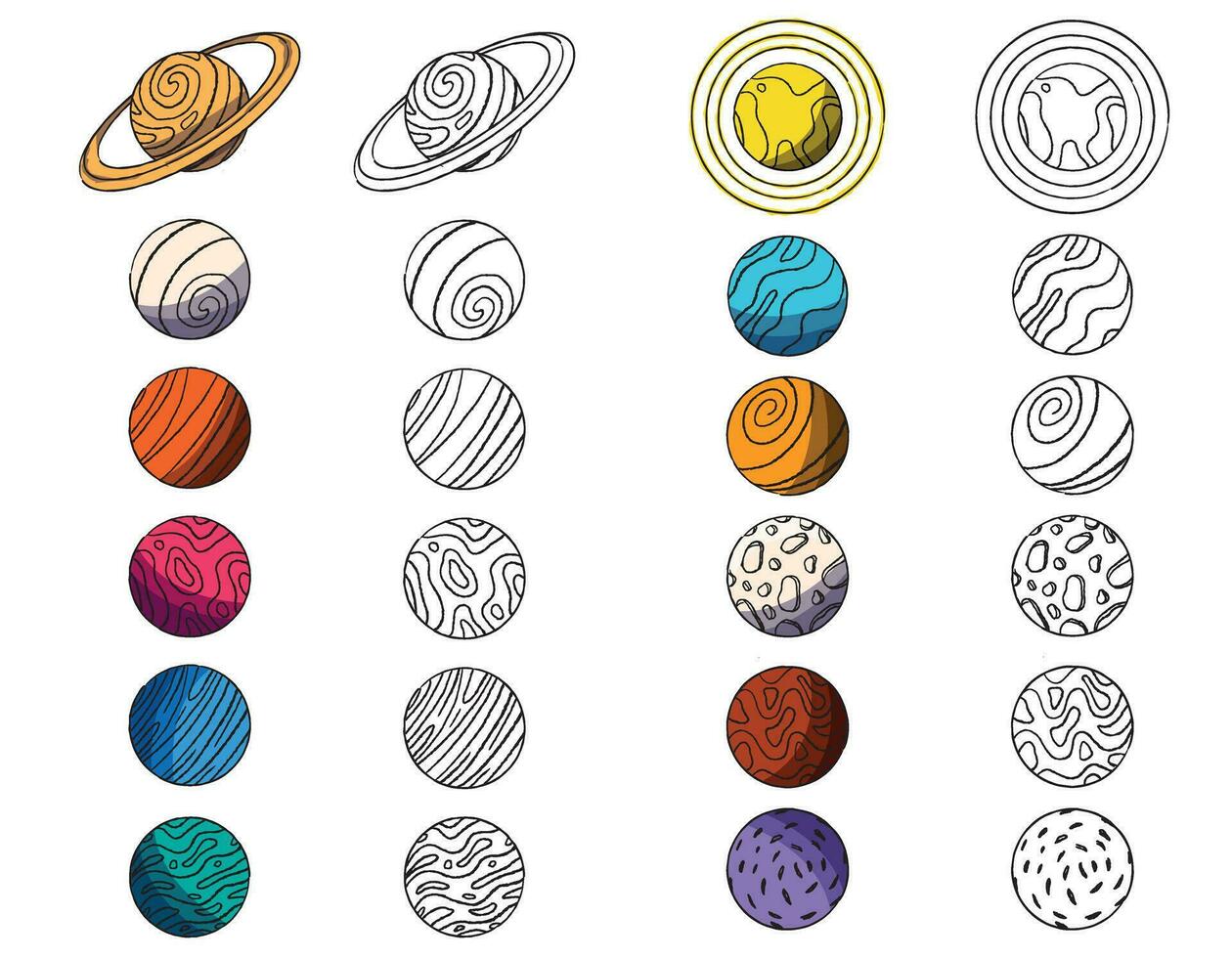 Set of planets coloring book, game for children, education, vector educational graphics. For book illustration