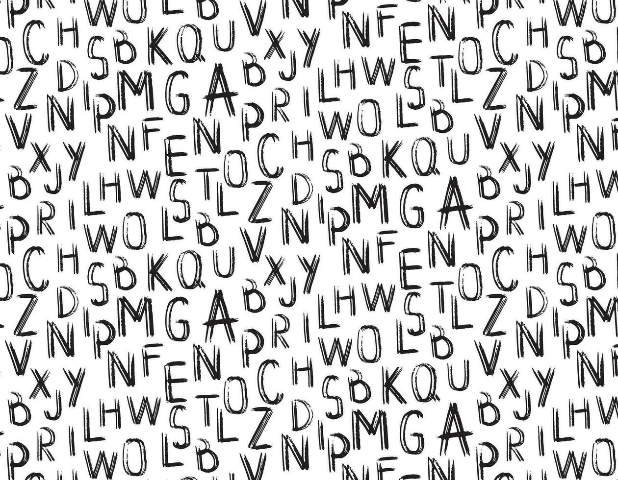 Pattern of capital letters on a pink background. Textured font drawn with a brush. Scattered letters of the alphabet. Vector black paint texture. Typographical printing.