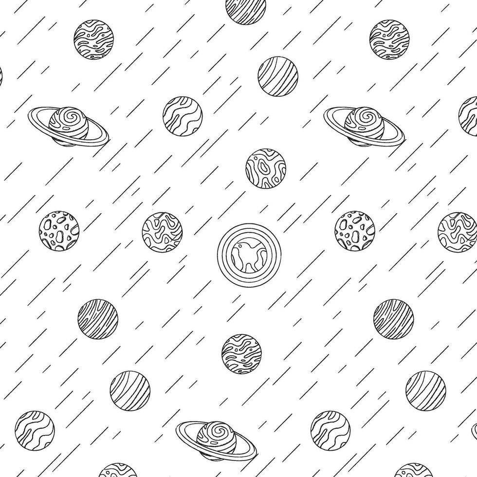 Doodle pattern space, planets and stars, Design on a transparent background. Vector graphics for textile print. sky in space