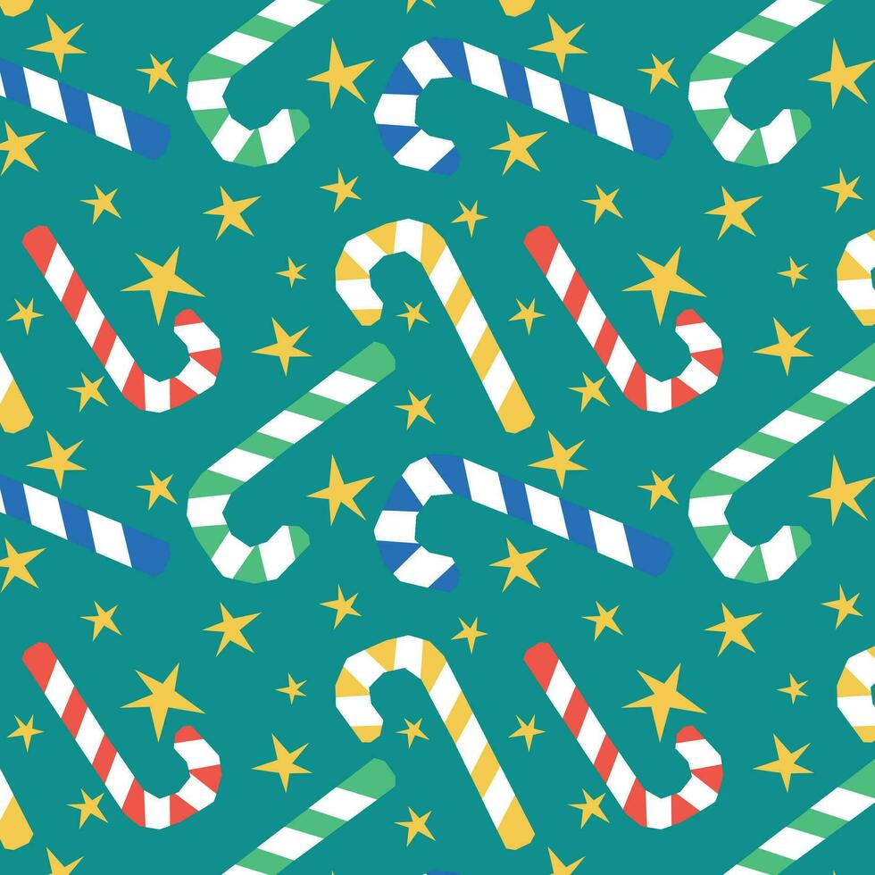 New Year pattern stars and candy cane, vector pattern