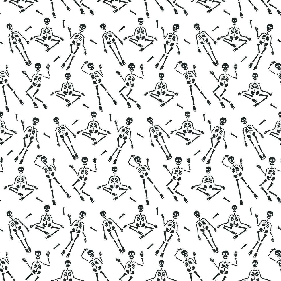 Pattern of a black skeleton in different poses on a transparent background, a pattern for the holiday. Seamless pattern. Vector graphics
