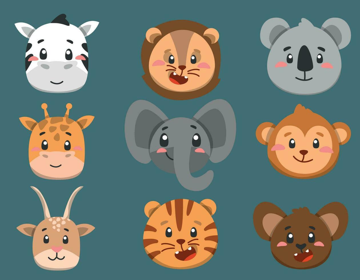 cute africa animals faces in vector, kids characters for design vector