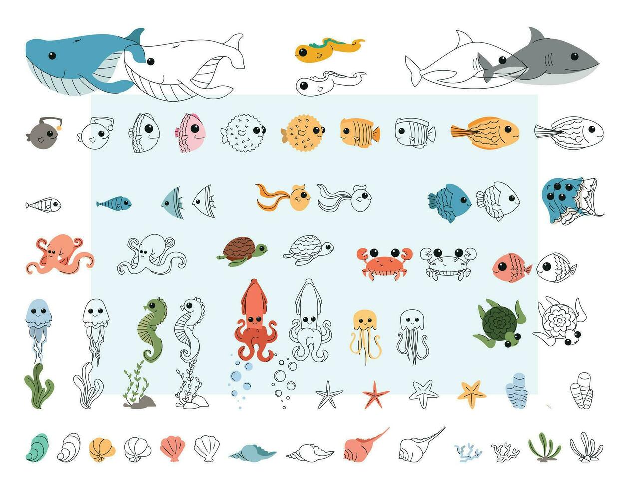Large set of sea animals and elements for a coloring book, coloring page sea life.,for kids vector